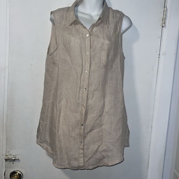 SIGRID OLSEN 100% Linen Light Brown Tan Sleeveless Button Up Blouse-L - Picture 1 of 9